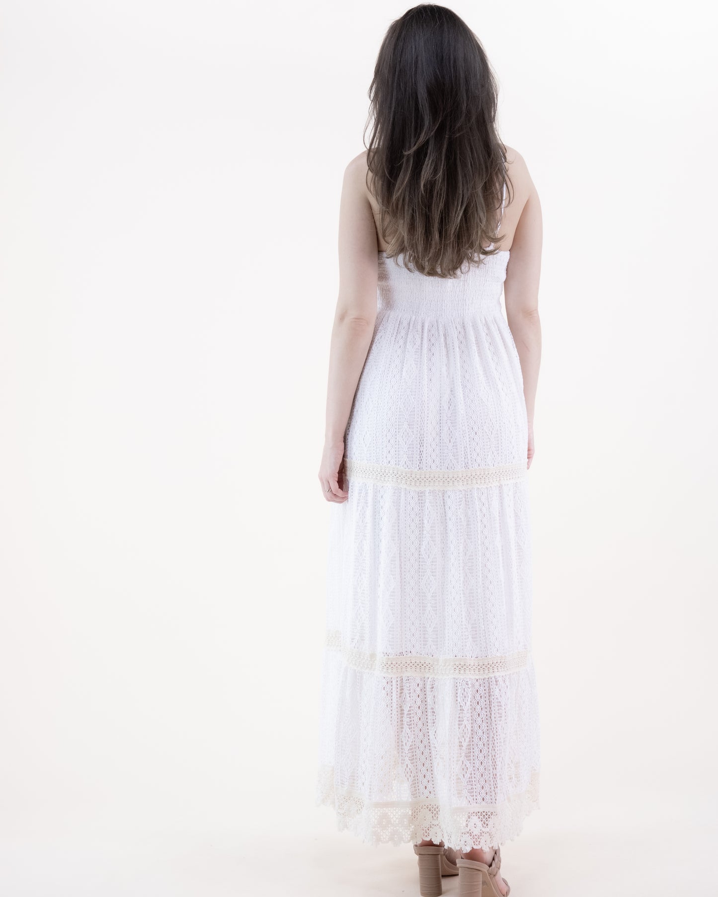 Striped Lace & Crochet Empire Waist Maxi Dress