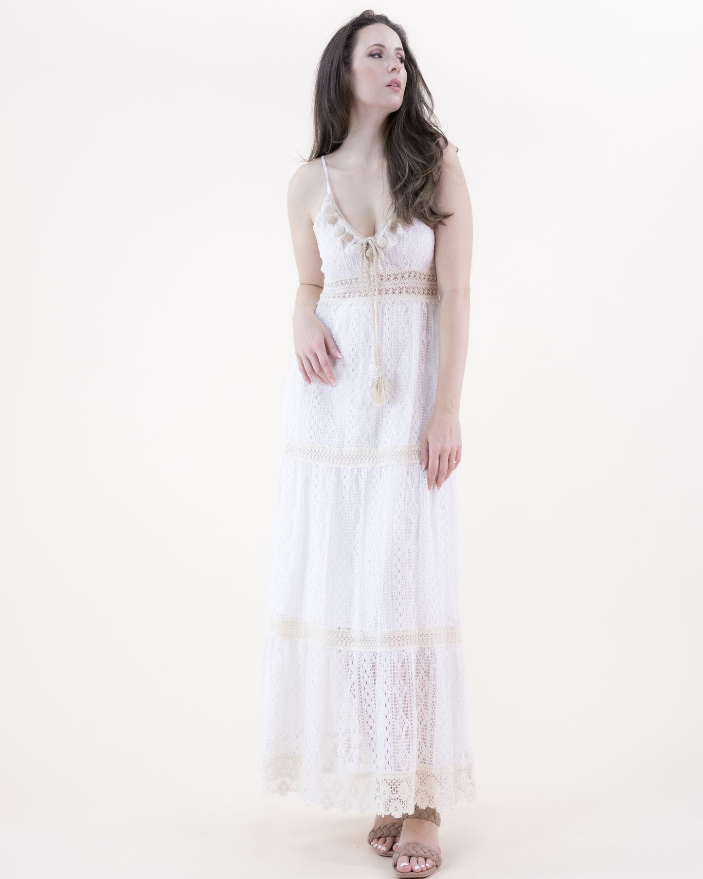 Striped Lace & Crochet Empire Waist Maxi Dress