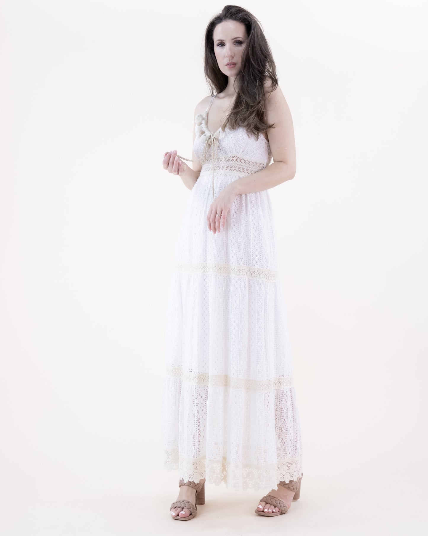 Striped Lace & Crochet Empire Waist Maxi Dress