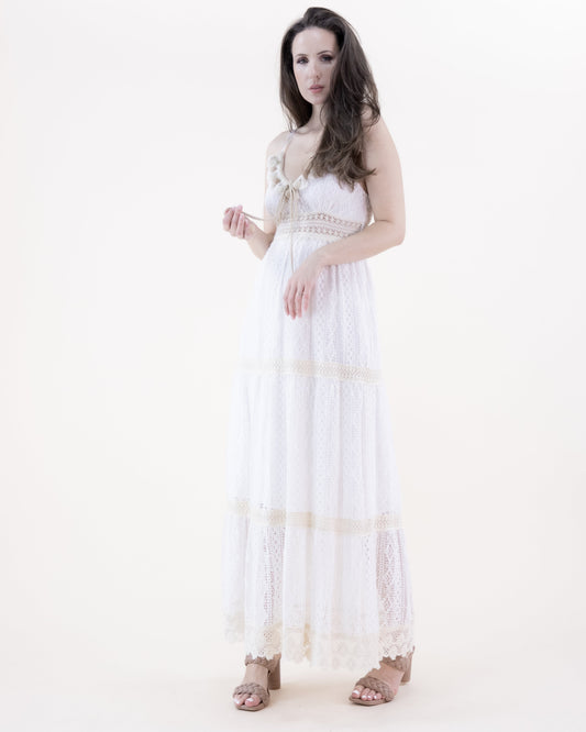 Striped Lace & Crochet Empire Waist Maxi Dress