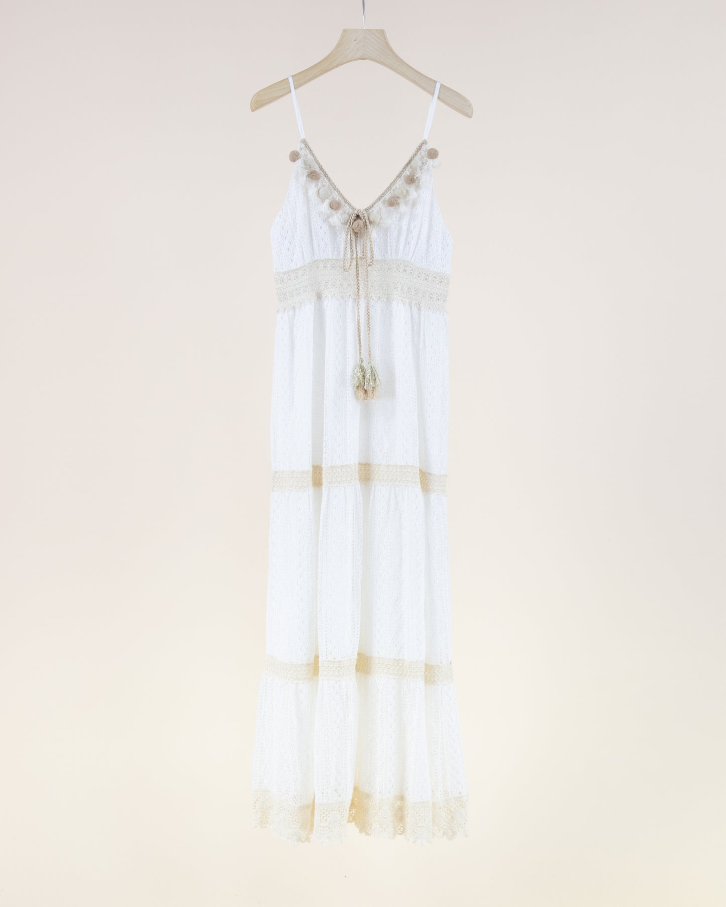 Striped Lace & Crochet Empire Waist Maxi Dress