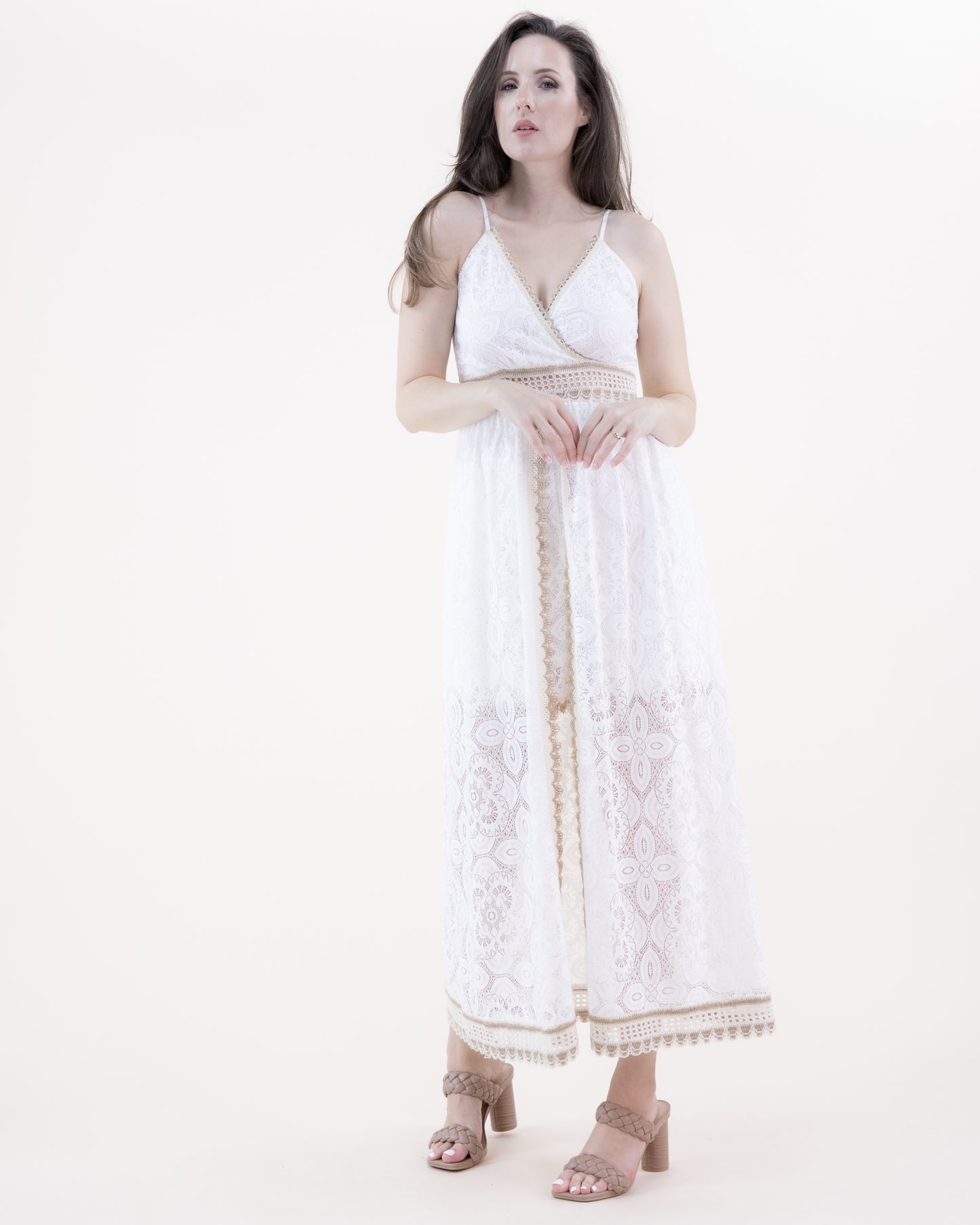 Floral Lace & Crochet Surplice Romper Maxi Dress