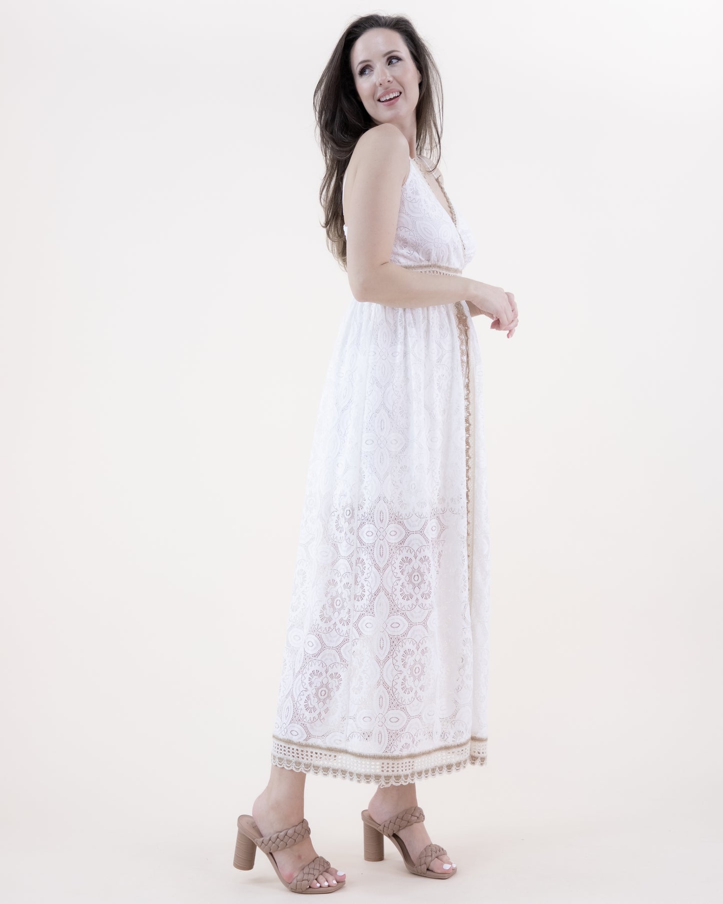 Floral Lace & Crochet Surplice Romper Maxi Dress
