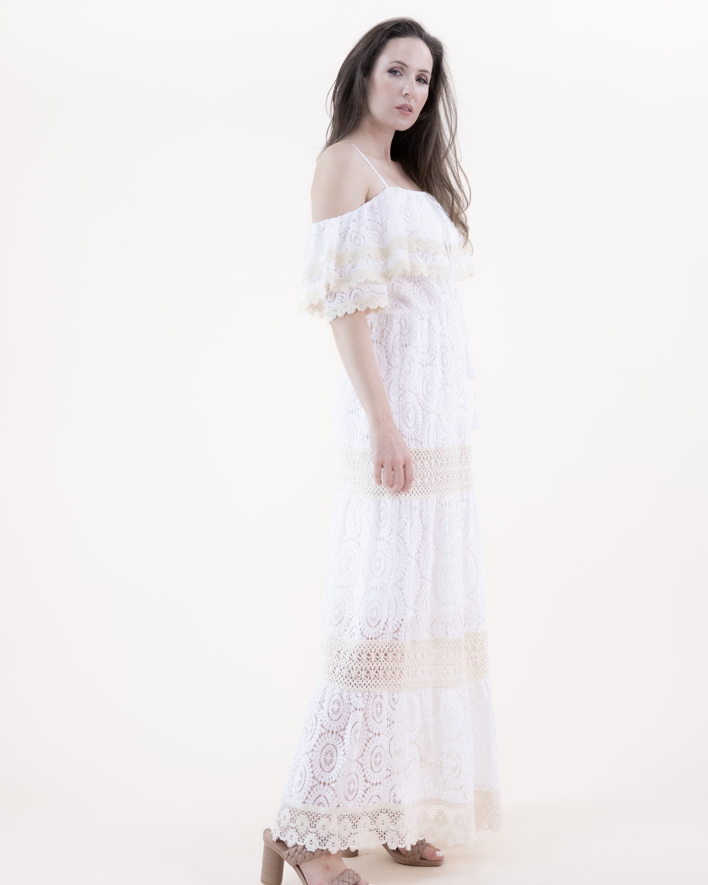 Circular Lace & Crochet Accents Drop Shoulder Short Sleeve Tiered Maxi Dress