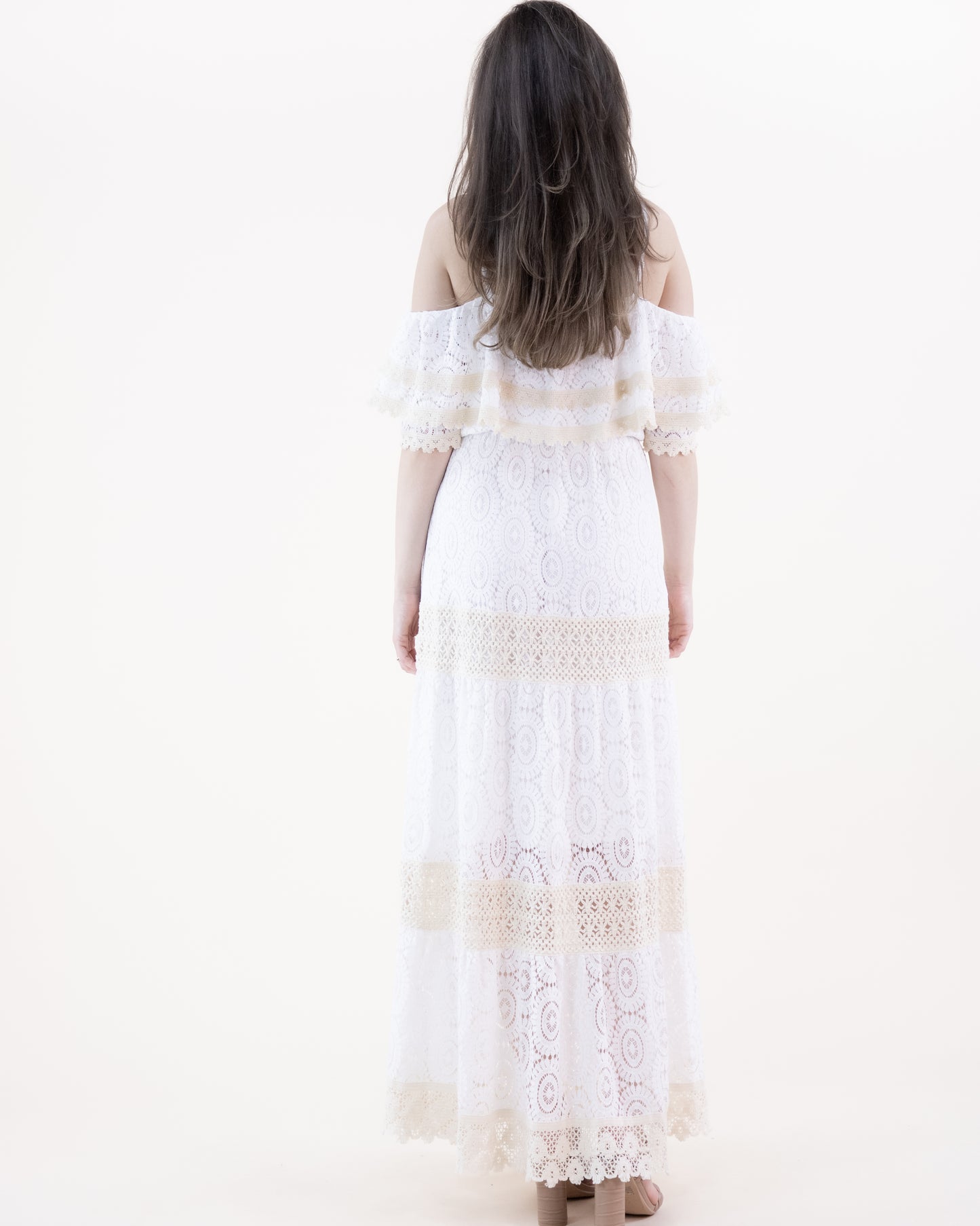 Circular Lace & Crochet Accents Drop Shoulder Short Sleeve Tiered Maxi Dress