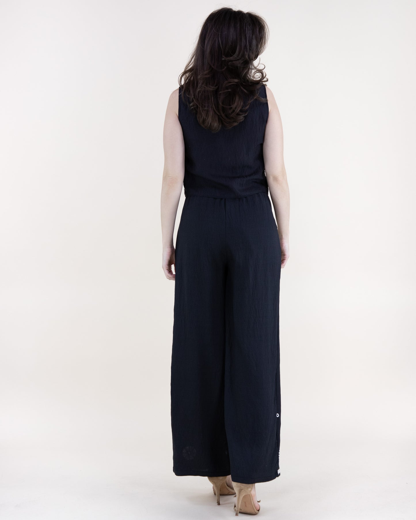 Medallion Embroidered Rope Belt Wide Leg Pants
