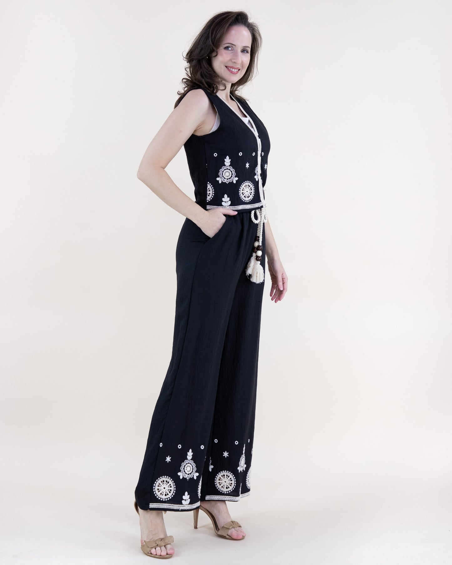 Medallion Embroidered Rope Belt Wide Leg Pants