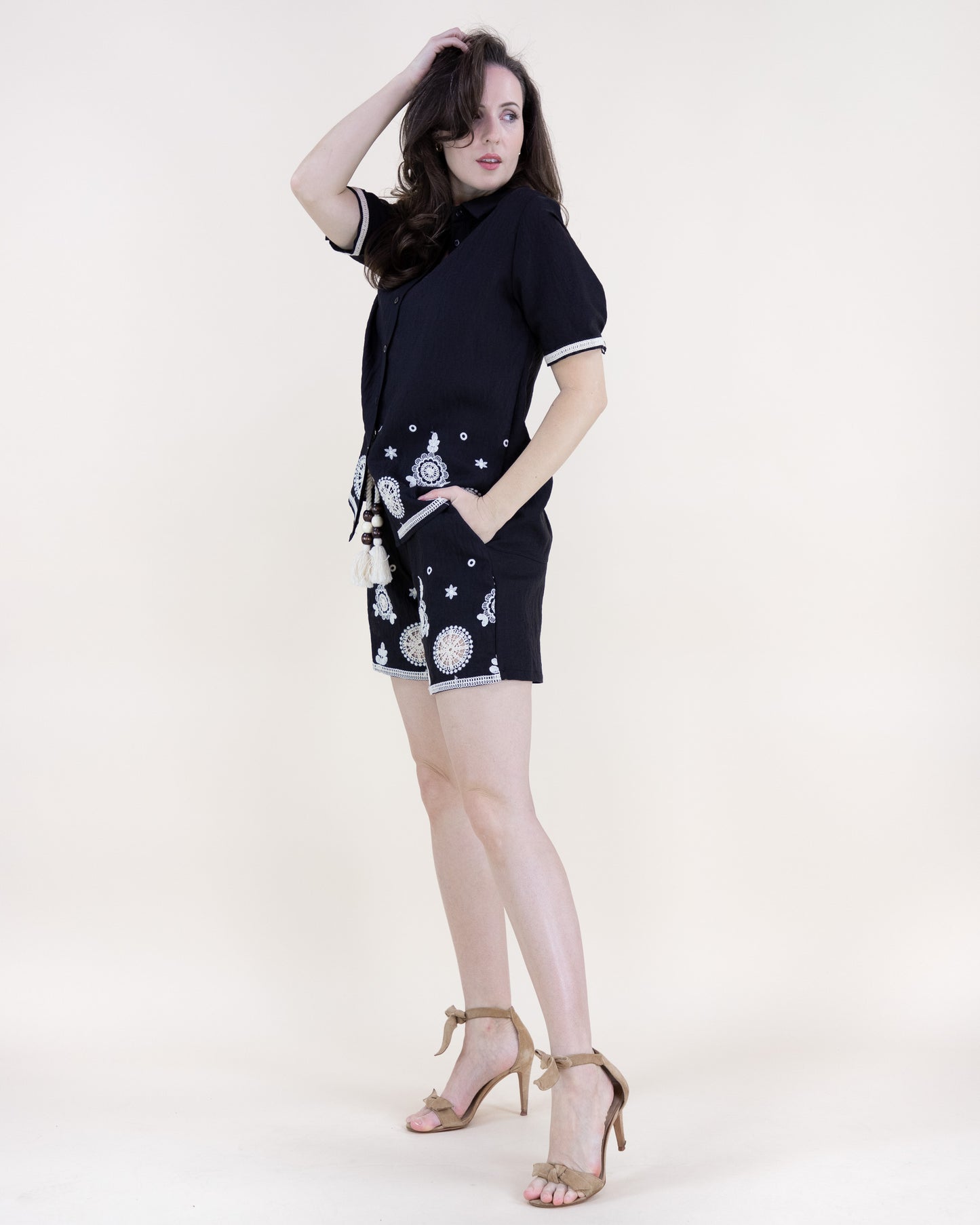 Medallion Embroidered Short Sleeve Button Up Shirt