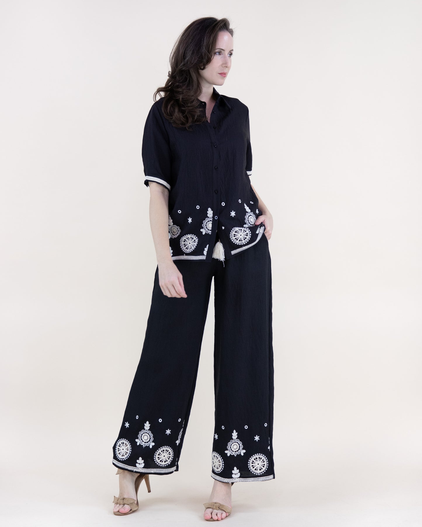 Medallion Embroidered Short Sleeve Button Up Shirt