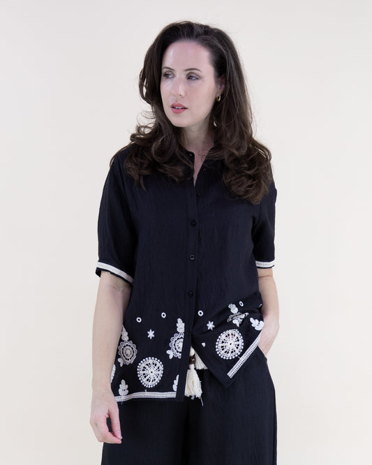 Medallion Embroidered Short Sleeve Button Up Shirt