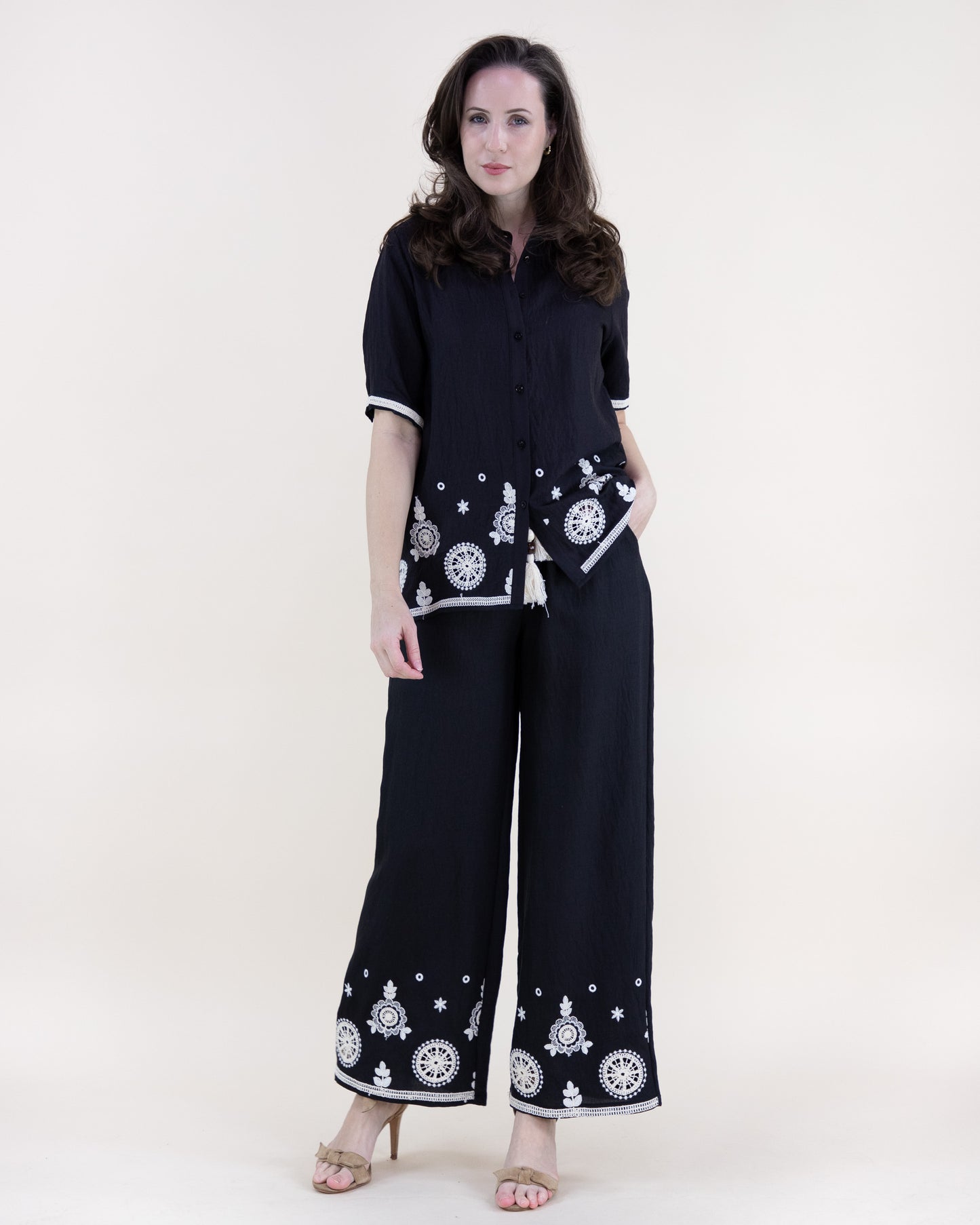Medallion Embroidered Short Sleeve Button Up Shirt