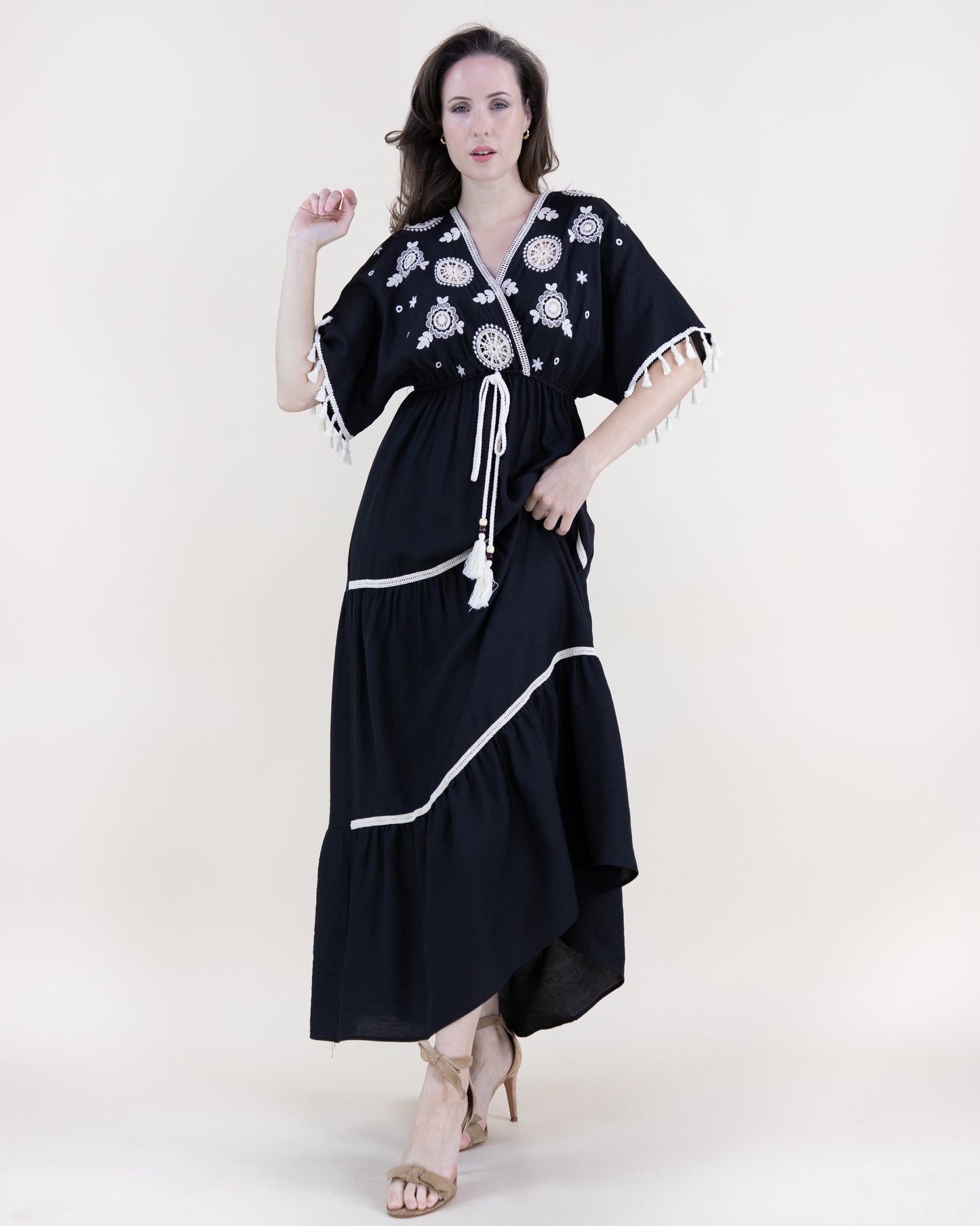 Medallion Embroidered Surplice Rope Tie Maxi Dress