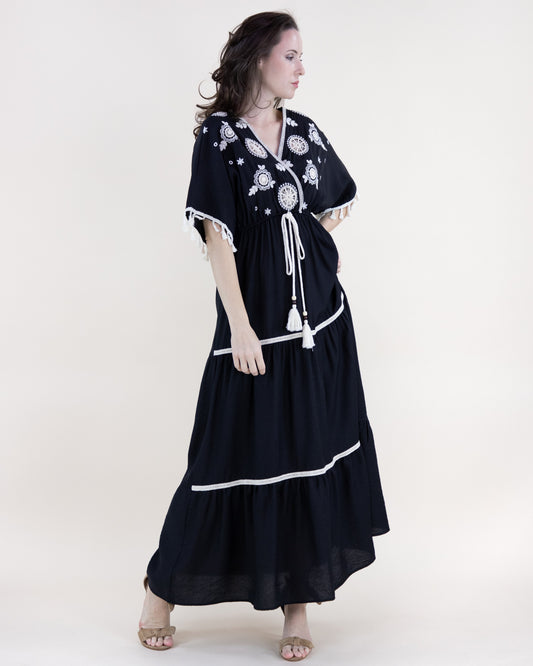 Medallion Embroidered Surplice Rope Tie Maxi Dress