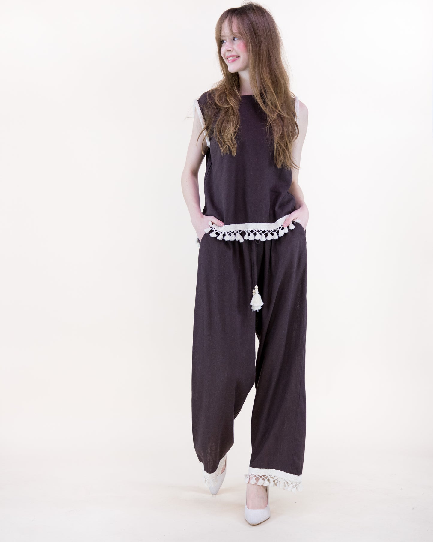 Isla Contrast Tassel Trim Wide Leg Trousers