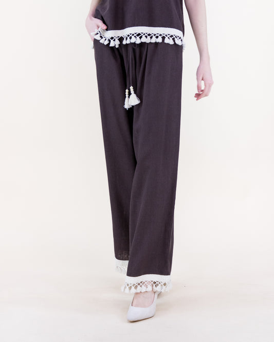 Isla Contrast Tassel Trim Wide Leg Trousers