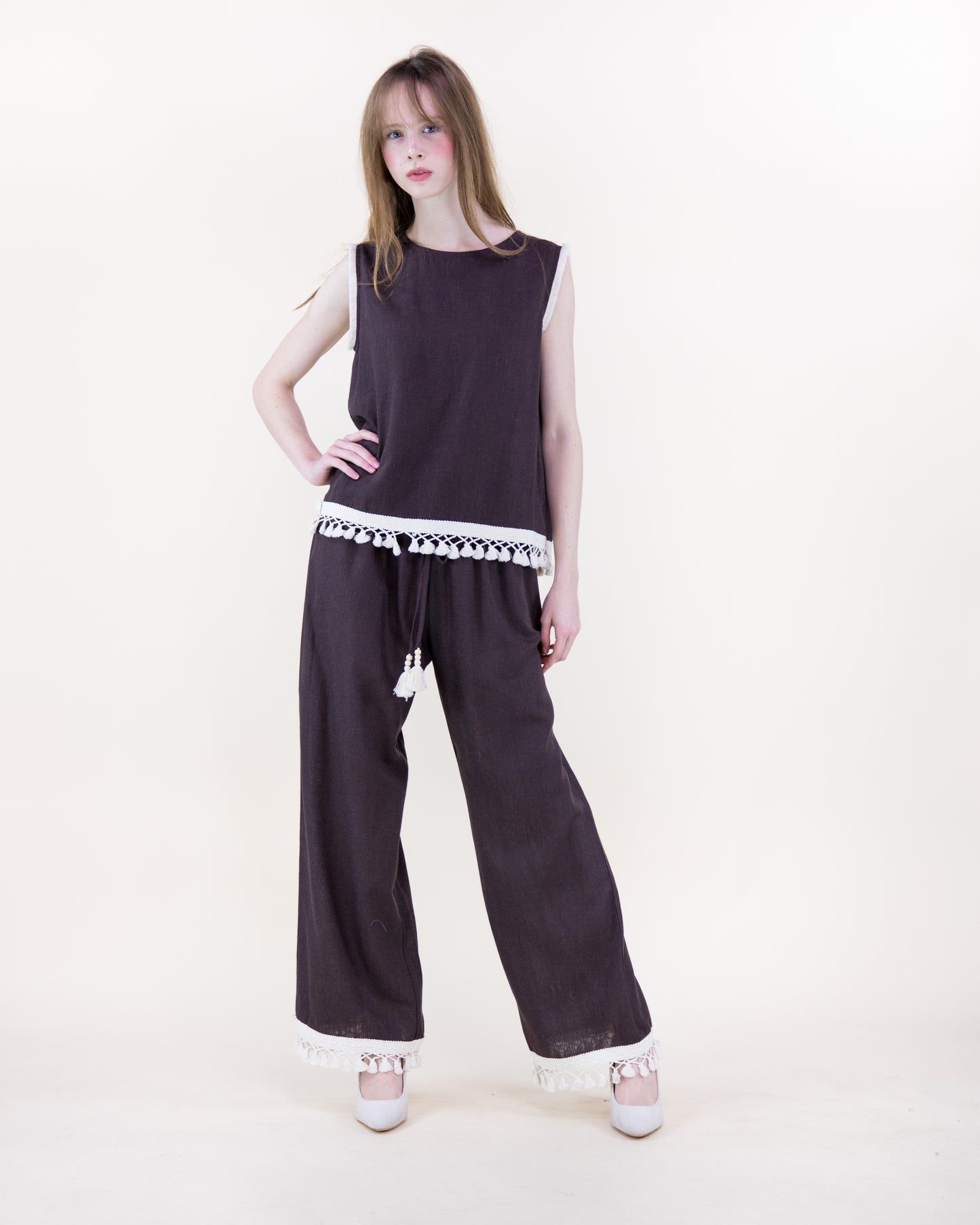 Isla Contrast Tassel Trim Wide Leg Trousers