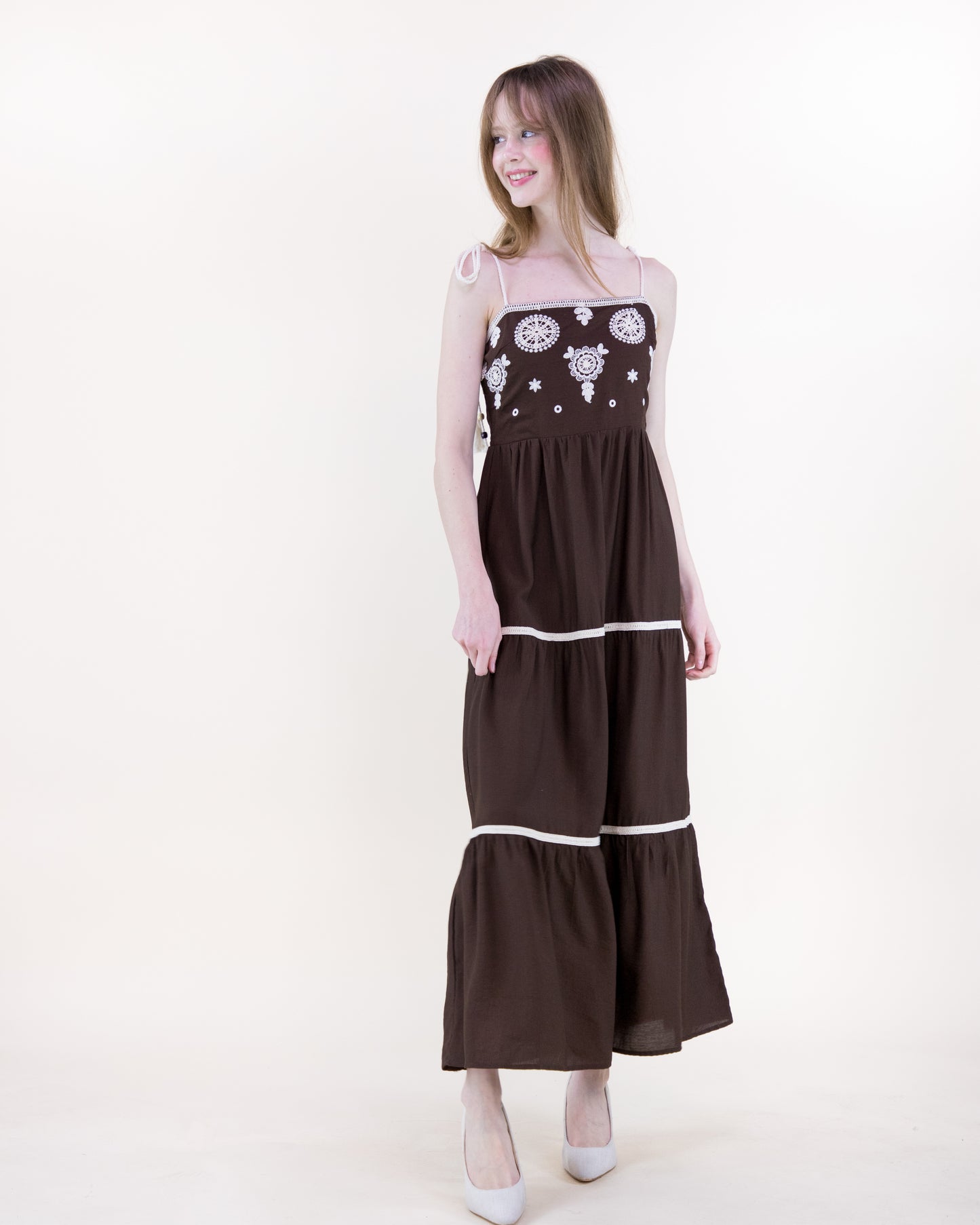 Medallion Embroidered Bodice Rope Straps Maxi Dress