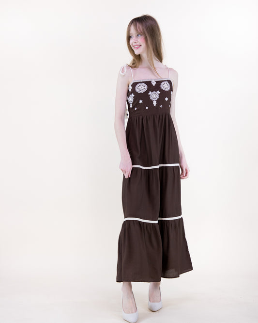 Medallion Embroidered Bodice Rope Straps Maxi Dress