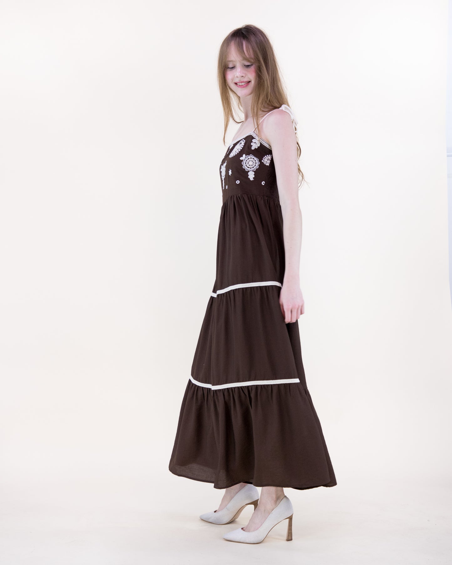 Medallion Embroidered Bodice Rope Straps Maxi Dress