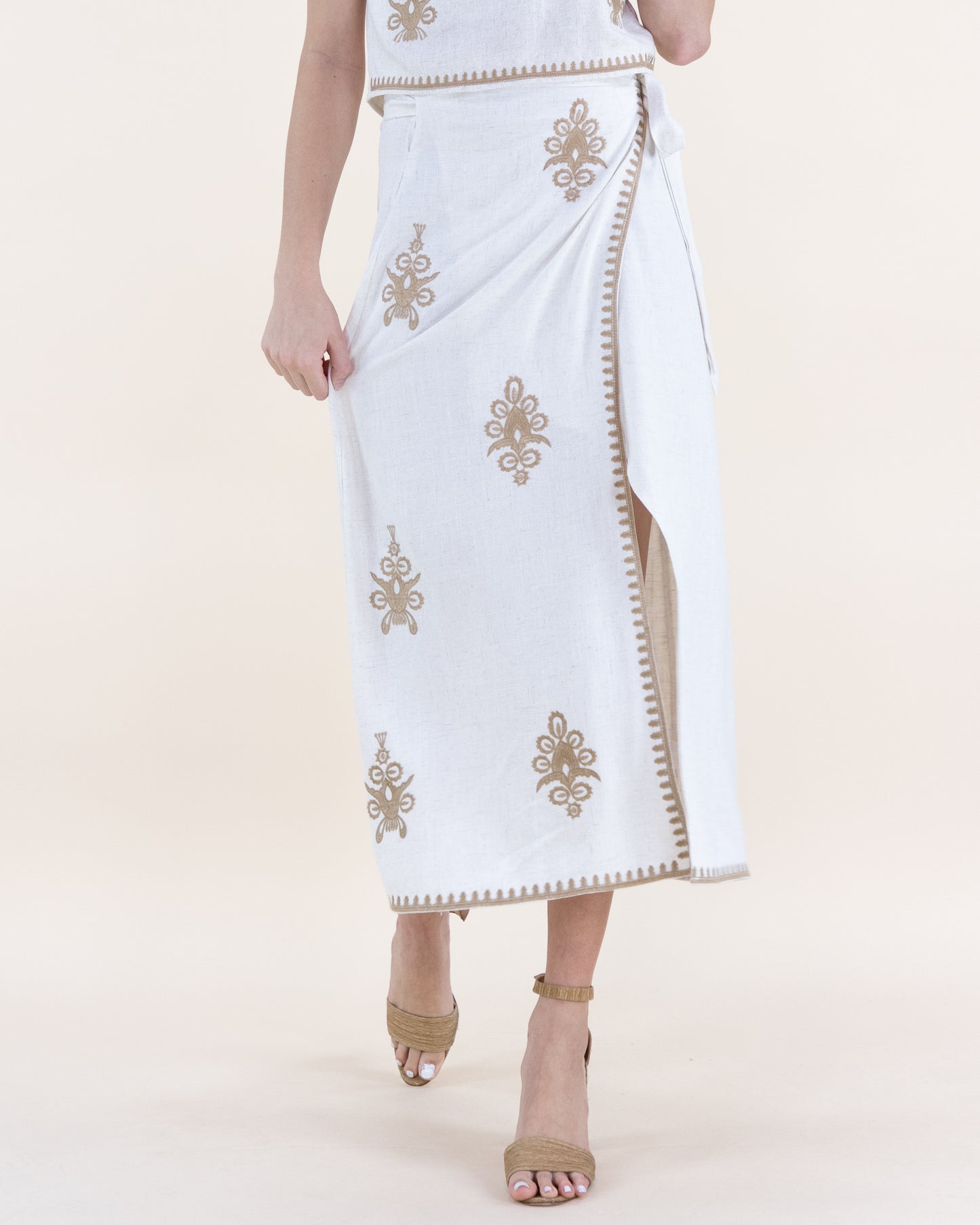 Linen Floral Butti Embroidered Wrap Around Maxi Skirt