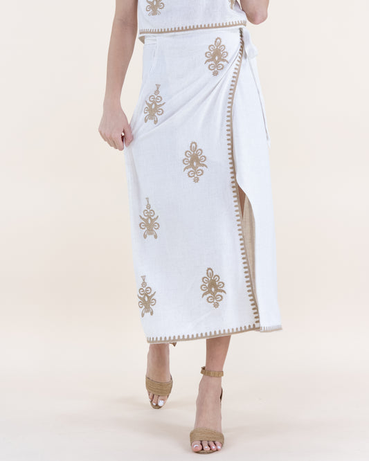 Linen Floral Butti Embroidered Wrap Around Maxi Skirt