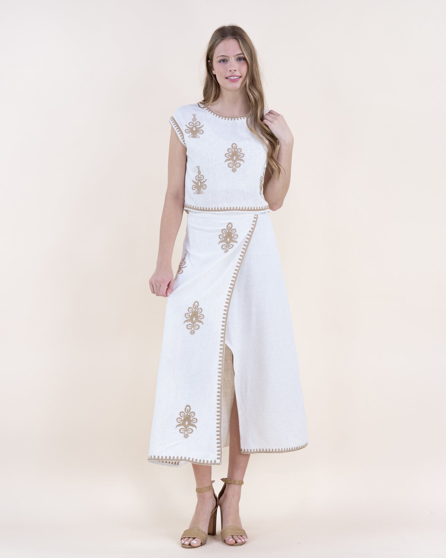 Linen Floral Butti Embroidered Wrap Around Maxi Skirt