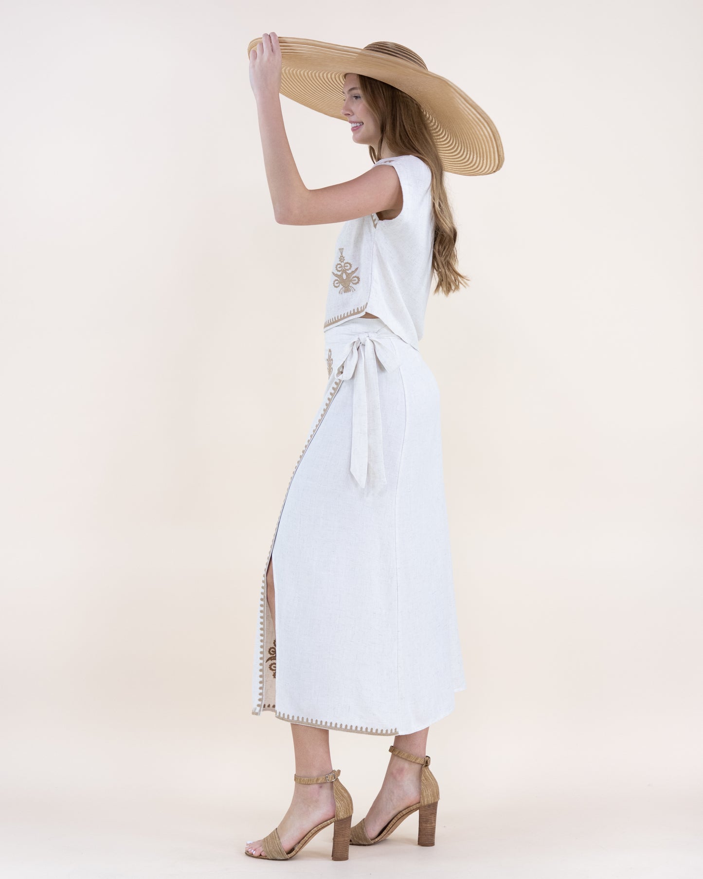 Linen Floral Butti Embroidered Wrap Around Maxi Skirt