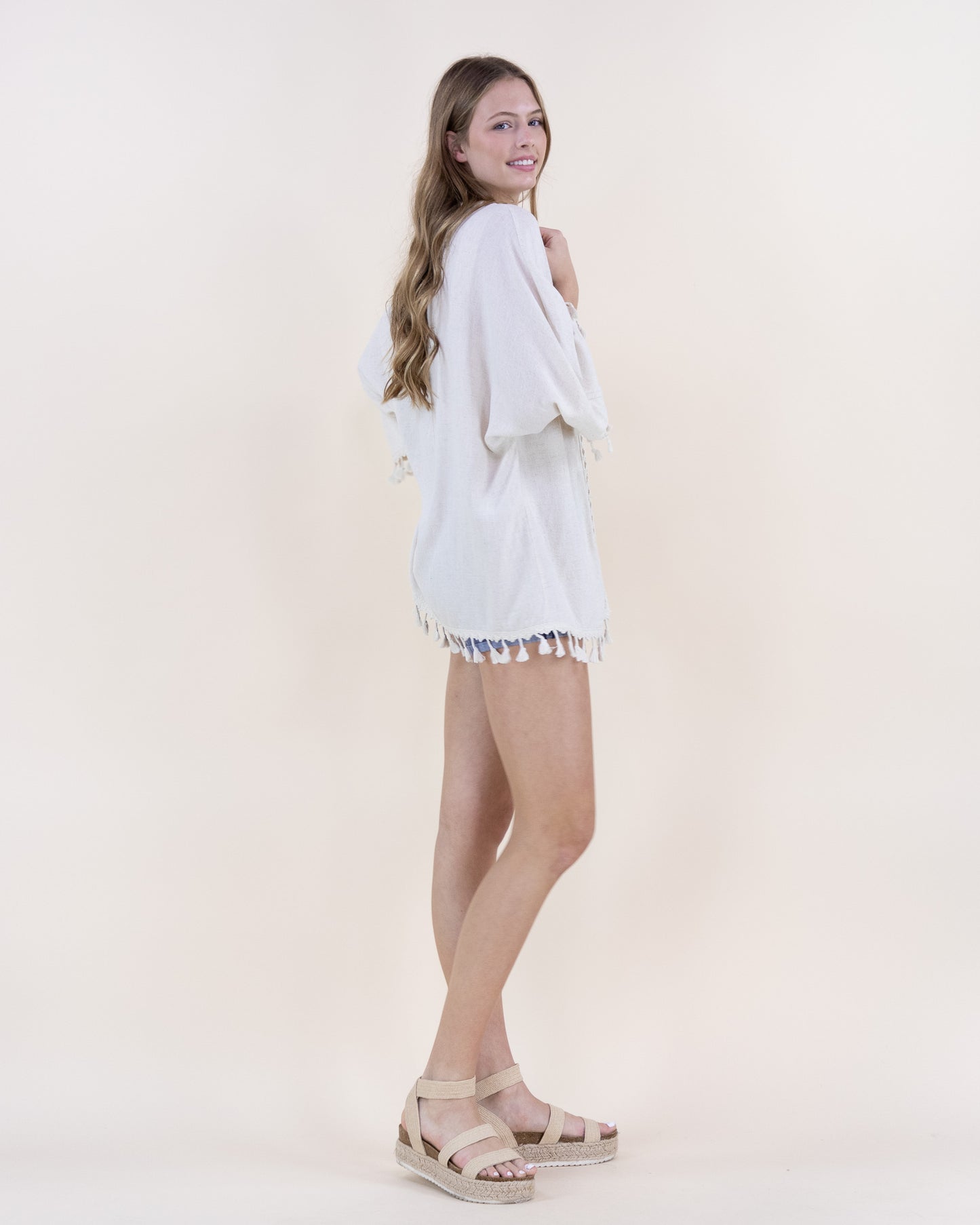 Linen Embroidered Tassel Trim Open Front Summer Jacket