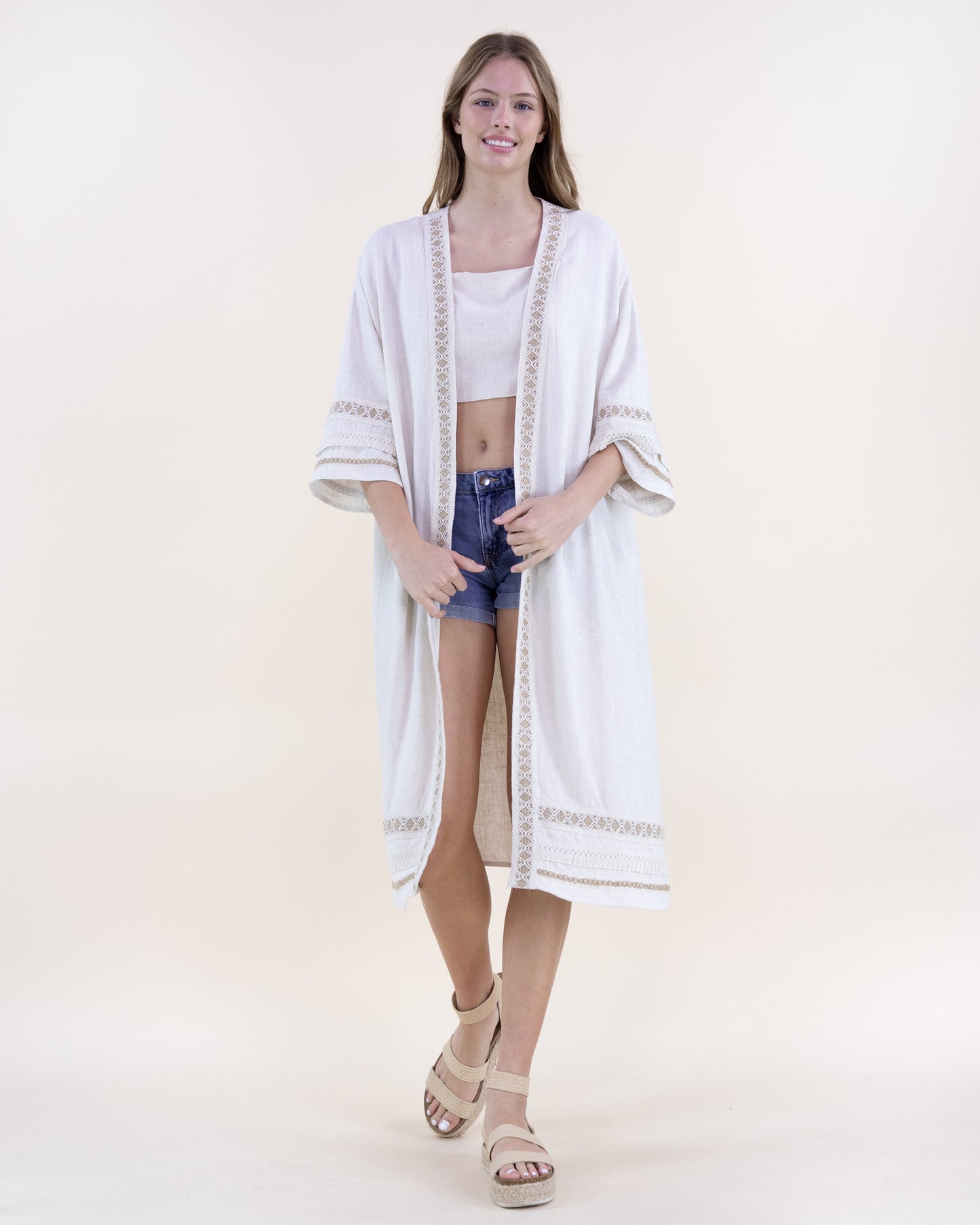 Linen Embroidered Grecian Open Front Maxi Robe