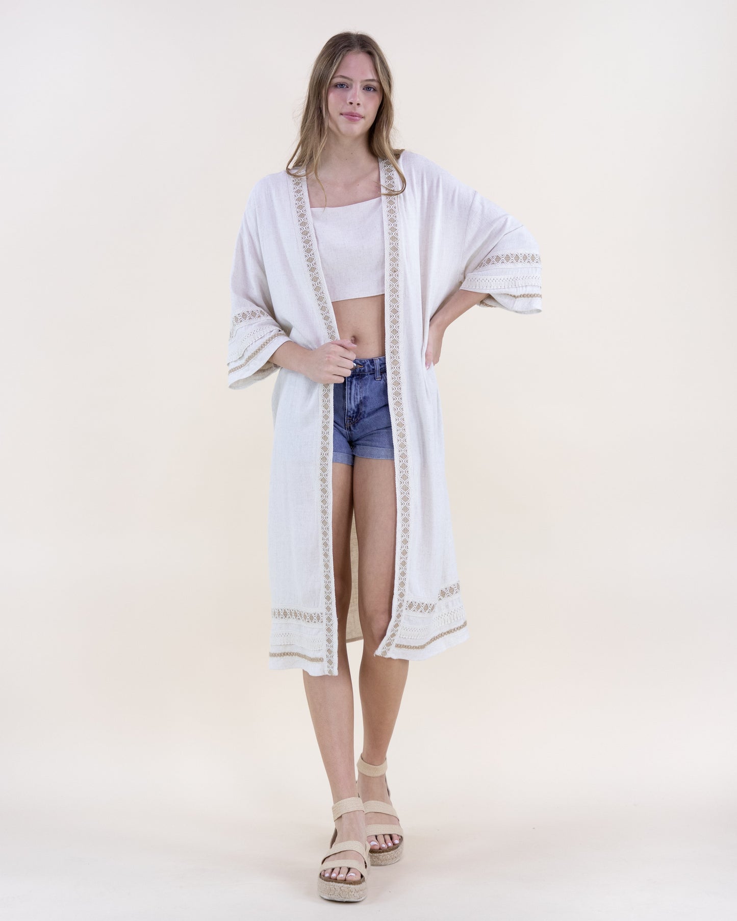 Linen Embroidered Grecian Open Front Maxi Robe