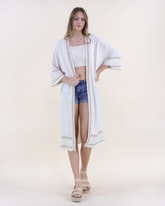 Linen Embroidered Grecian Open Front Maxi Robe