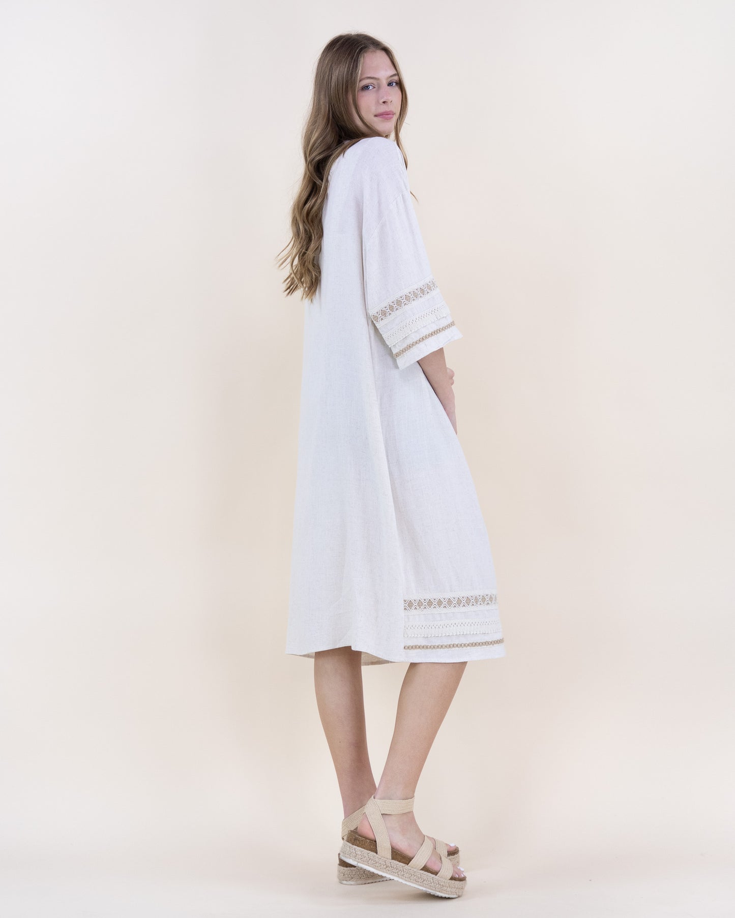 Linen Embroidered Grecian Open Front Maxi Robe