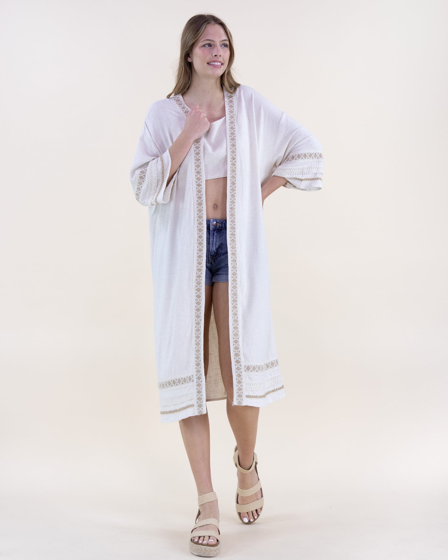 Linen Embroidered Grecian Open Front Maxi Robe