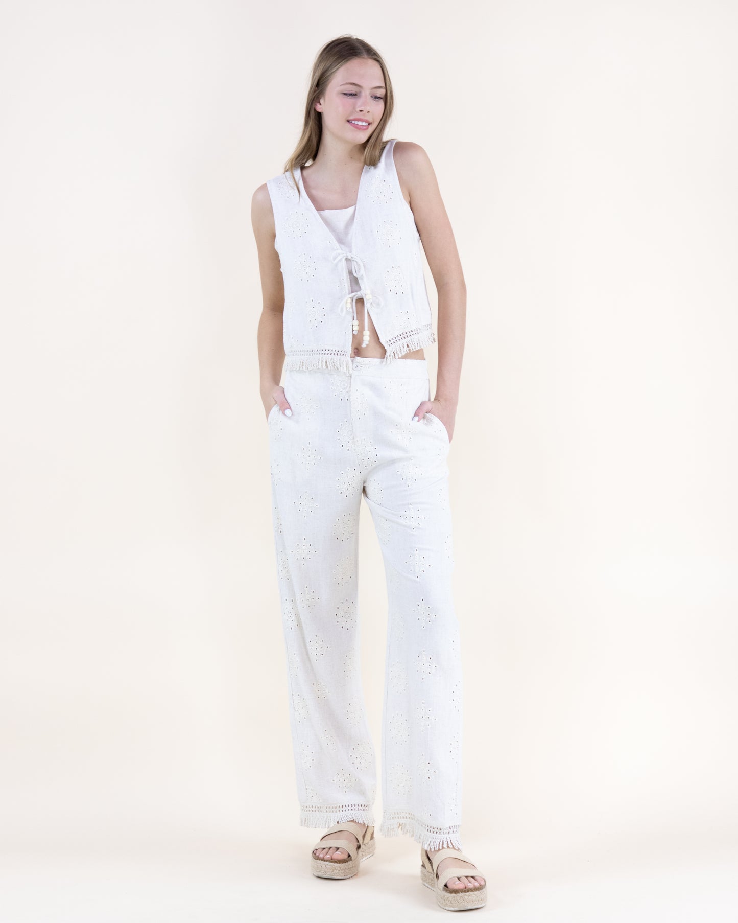 Linen Eyelet Embroidered Fringe Hems Wide Leg Pants