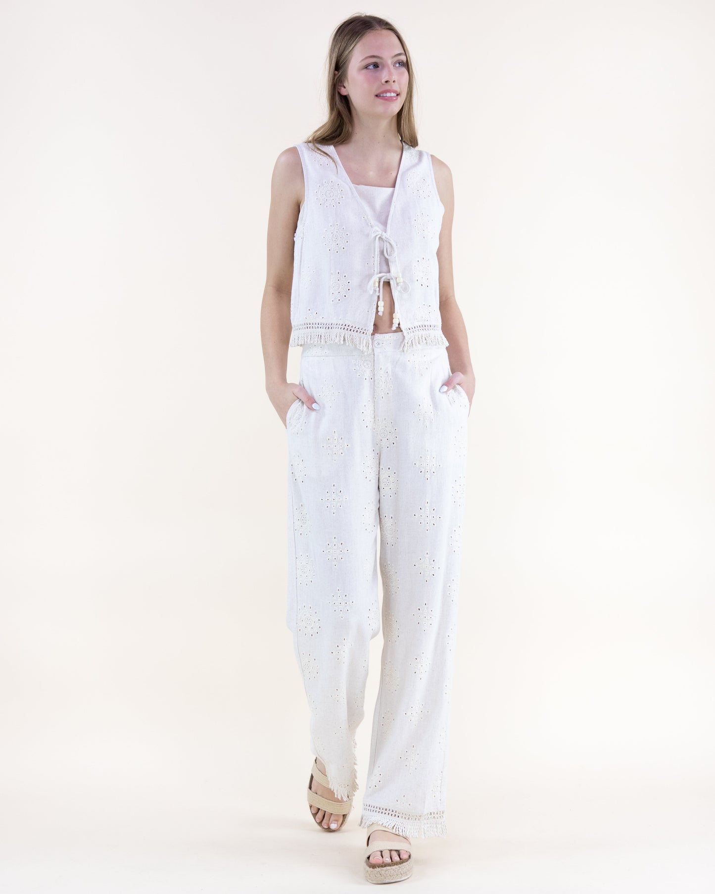 Linen Eyelet Embroidered Double Tie Vest