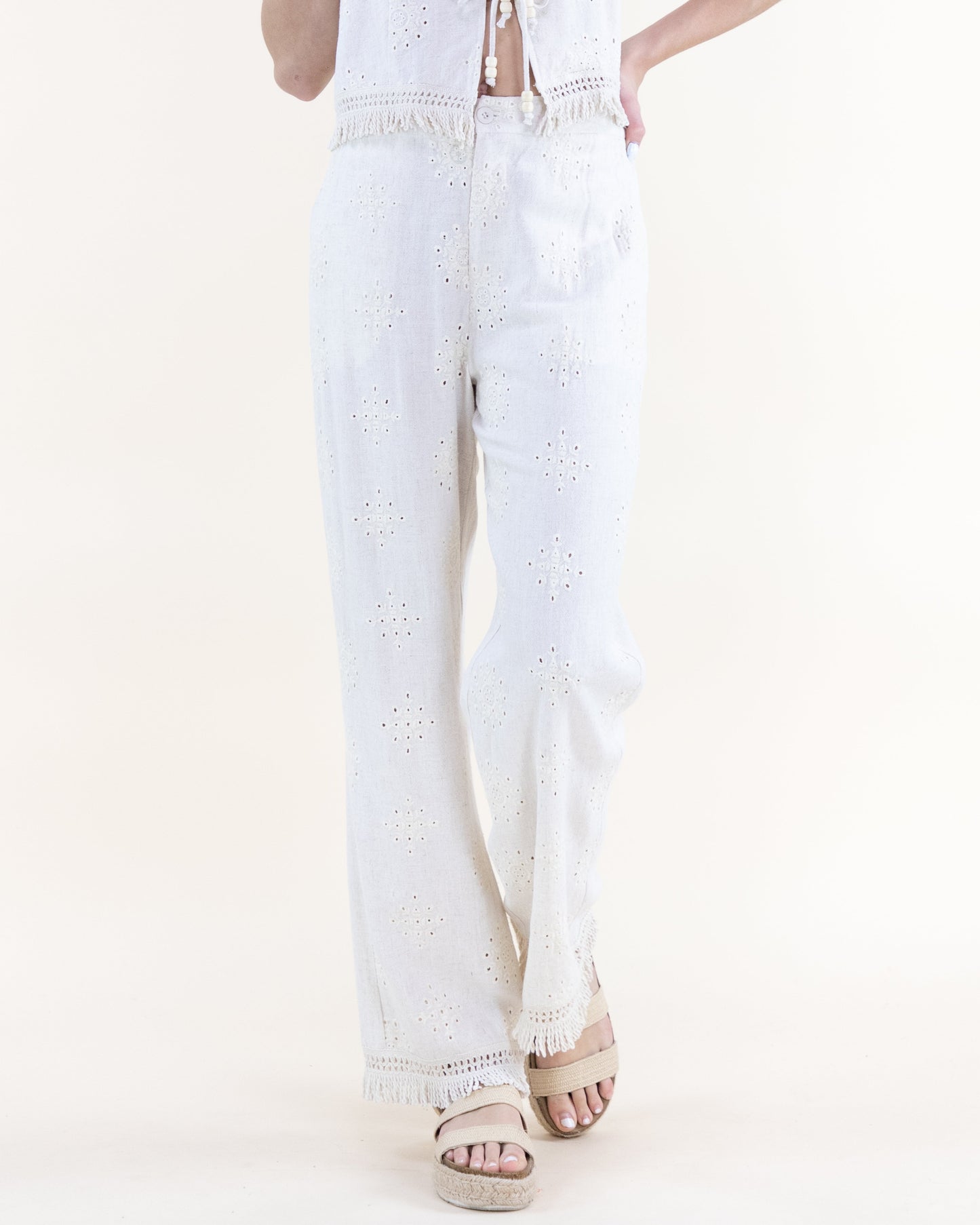 Linen Eyelet Embroidered Fringe Hems Wide Leg Pants