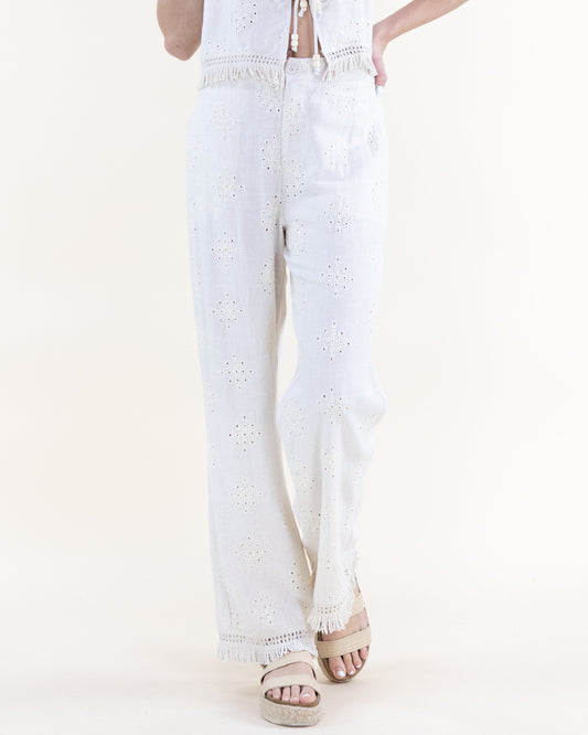 Linen Eyelet Embroidered Fringe Hems Wide Leg Pants