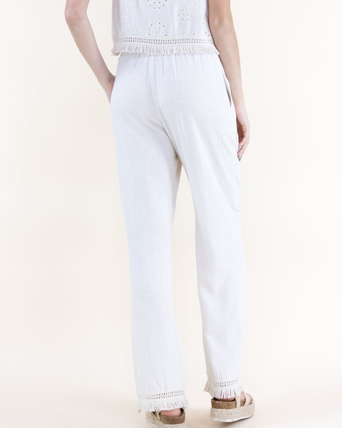 Linen Eyelet Embroidered Fringe Hems Wide Leg Pants