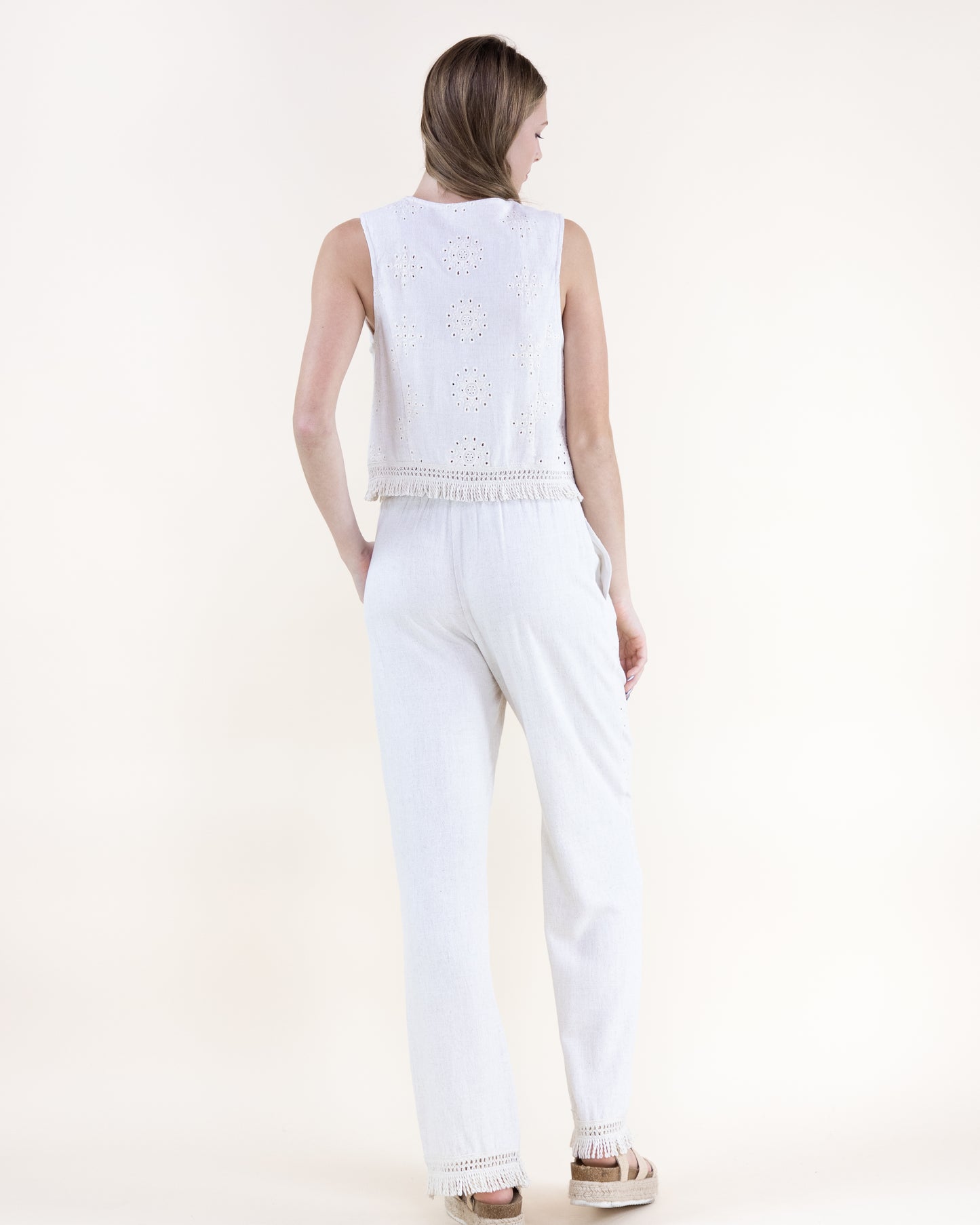 Linen Eyelet Embroidered Fringe Hems Wide Leg Pants