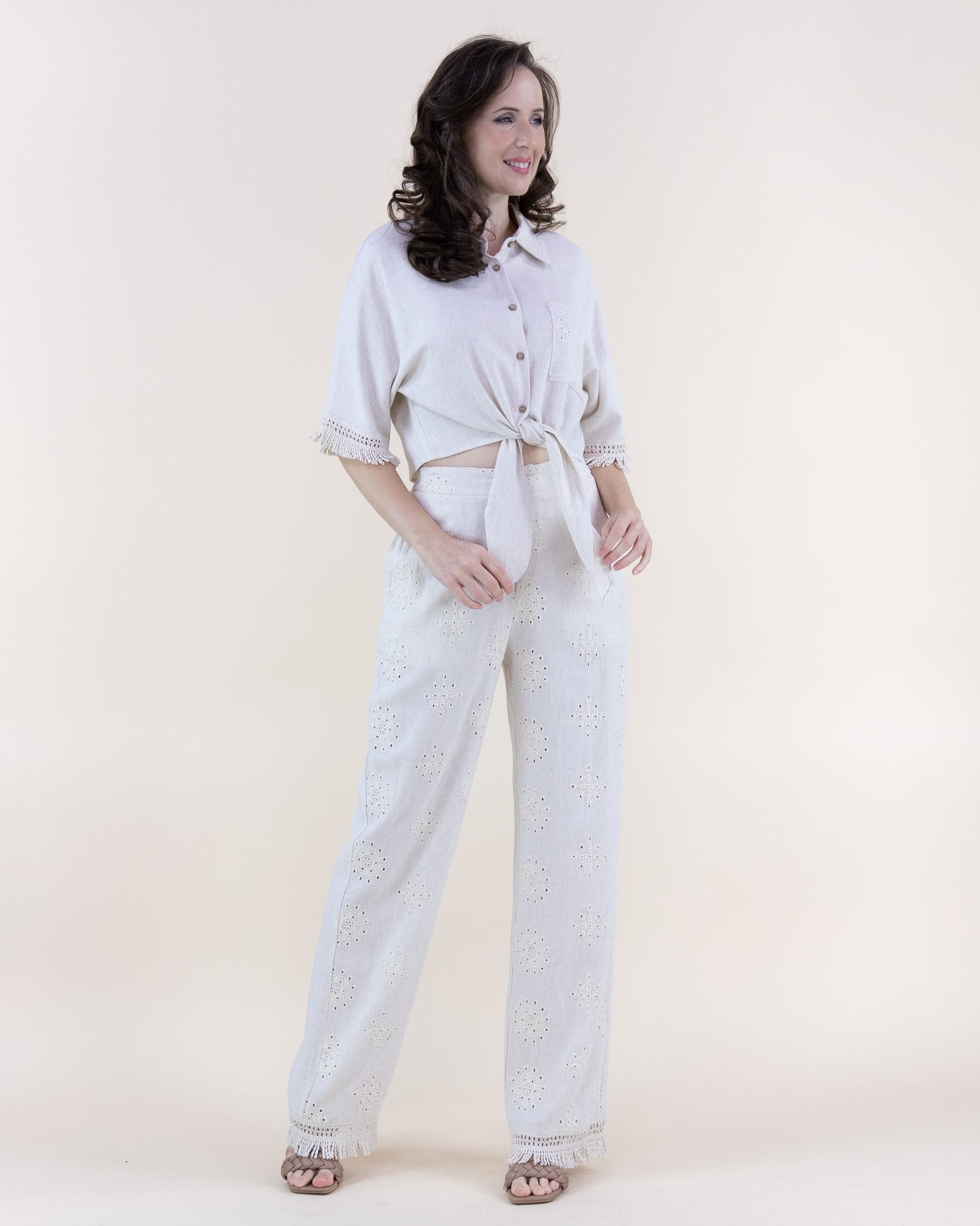 Linen Eyelet Embroidered Fringe Sleeves Tie-Front Shirt