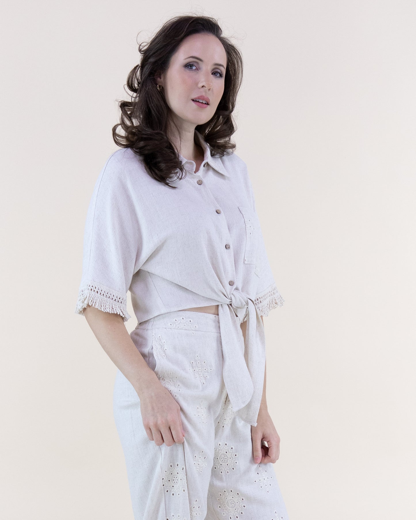 Linen Eyelet Embroidered Fringe Sleeves Tie-Front Shirt