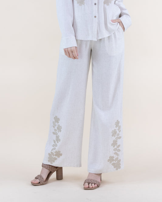 Linen Floral Embroidered Wide Leg Pants