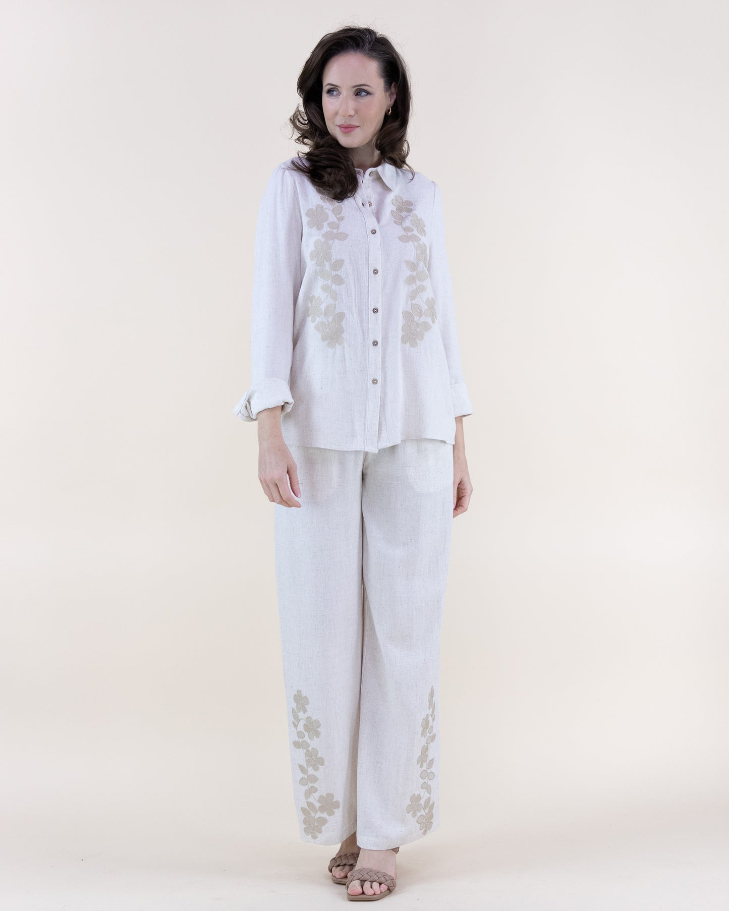 Linen Floral Embroidered Button Up Shirt