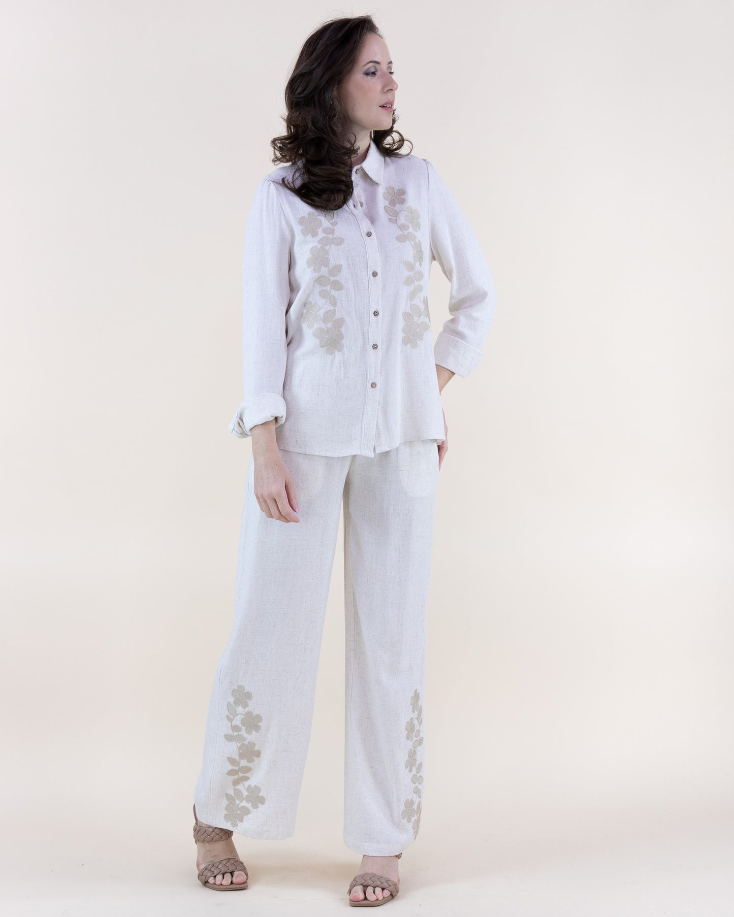 Linen Floral Embroidered Wide Leg Pants