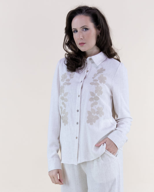 Linen Floral Embroidered Button Up Shirt