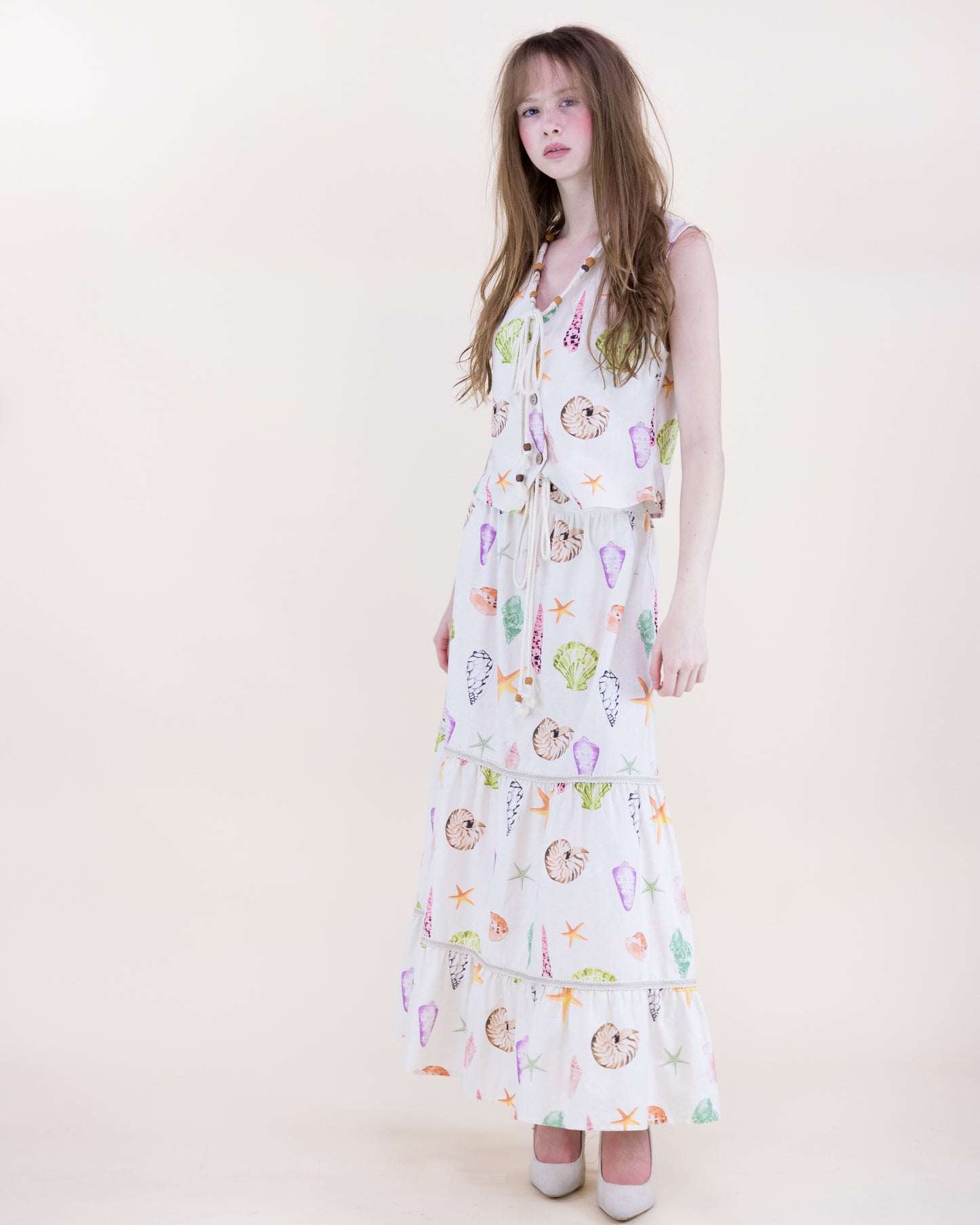 Sunwashed Seashell Beaded Front Tie Maxi Skirt