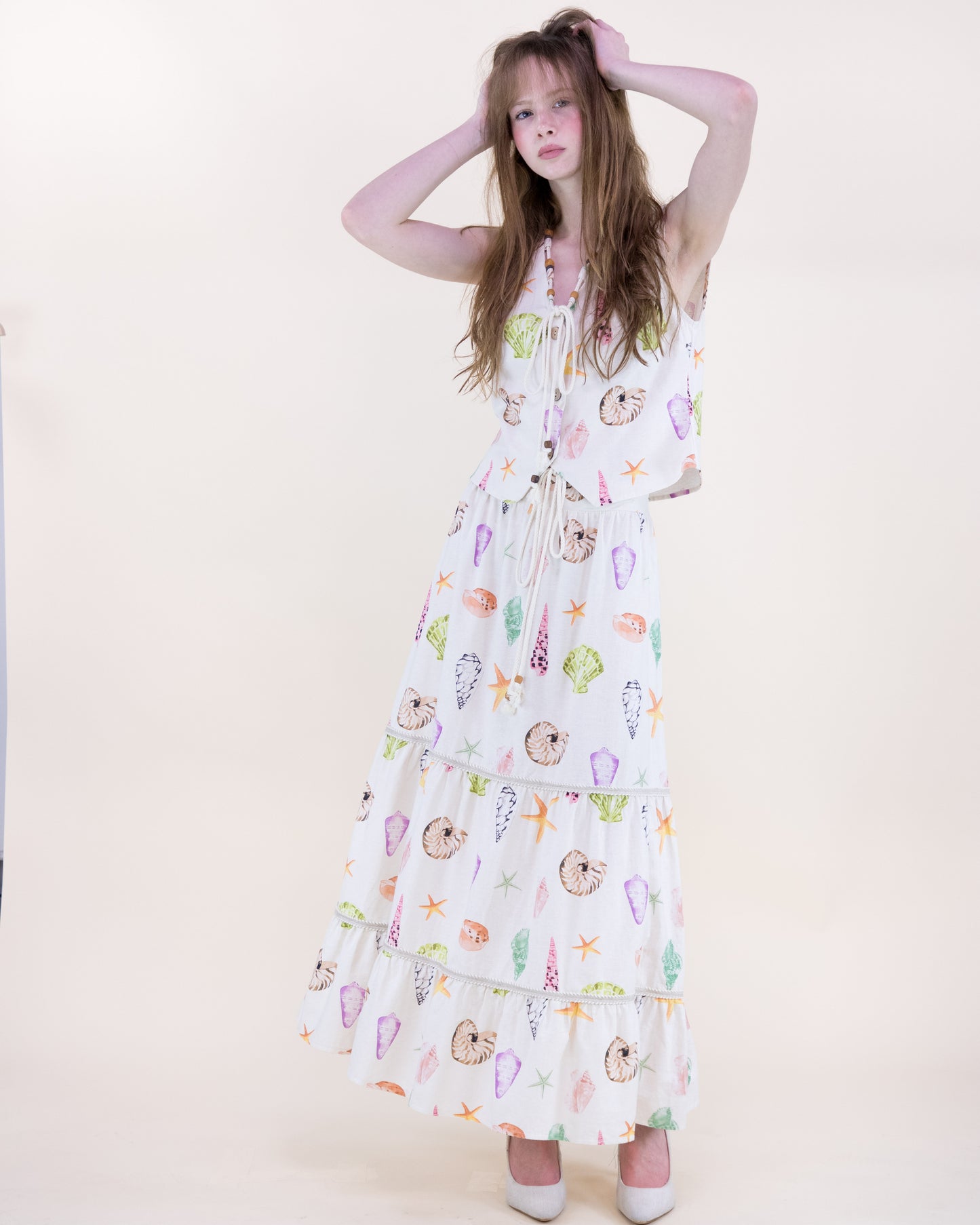 Sunwashed Seashell Beaded Front Tie Maxi Skirt