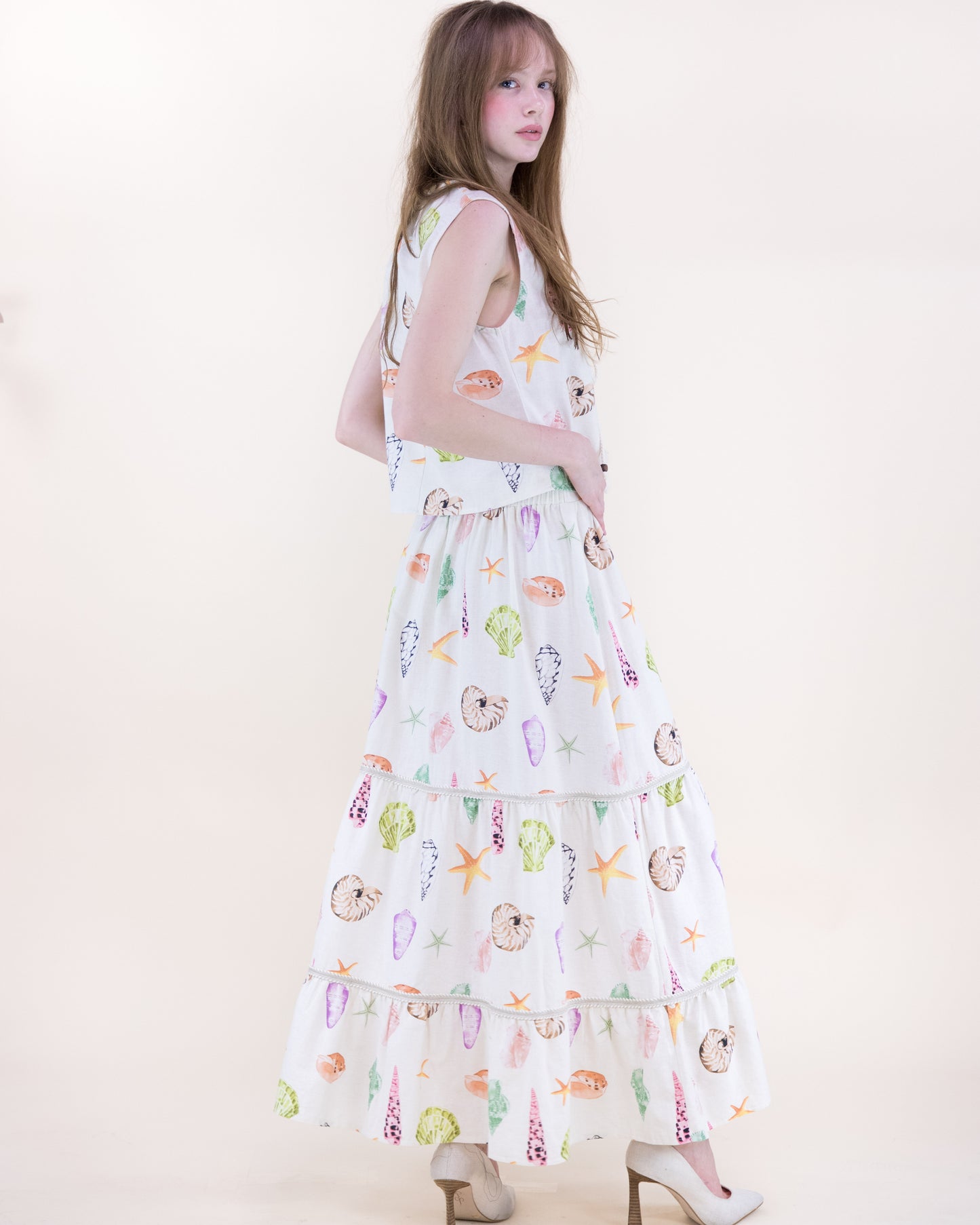 Sunwashed Seashell Beaded Front Tie Maxi Skirt