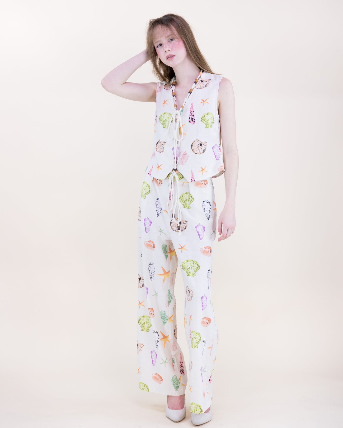 Sunwashed Seashell Beaded Front Tie Wide Leg Trousers