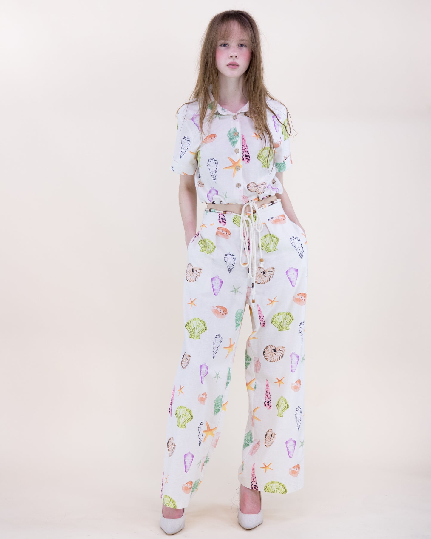 Sunwashed Seashell Beaded Front Tie Wide Leg Trousers